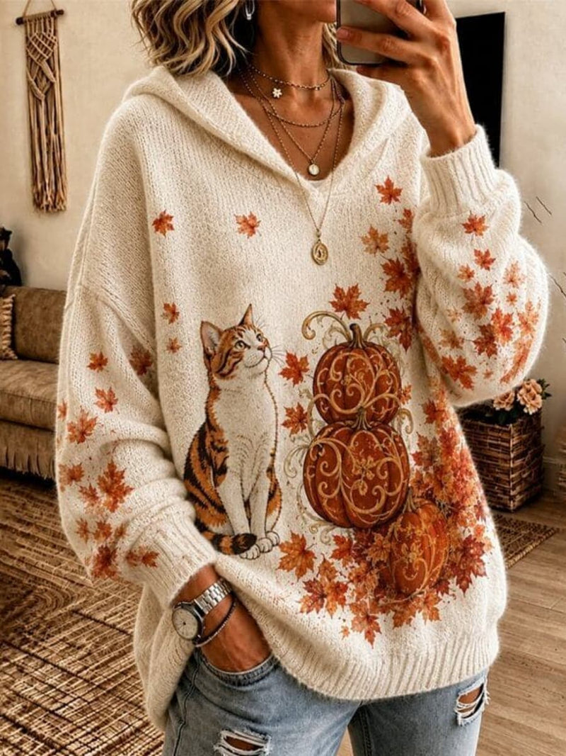 Women's Halloween Beige Cat Pumpkin Maple Leaf Print Hooded Long Sleeve Sweater