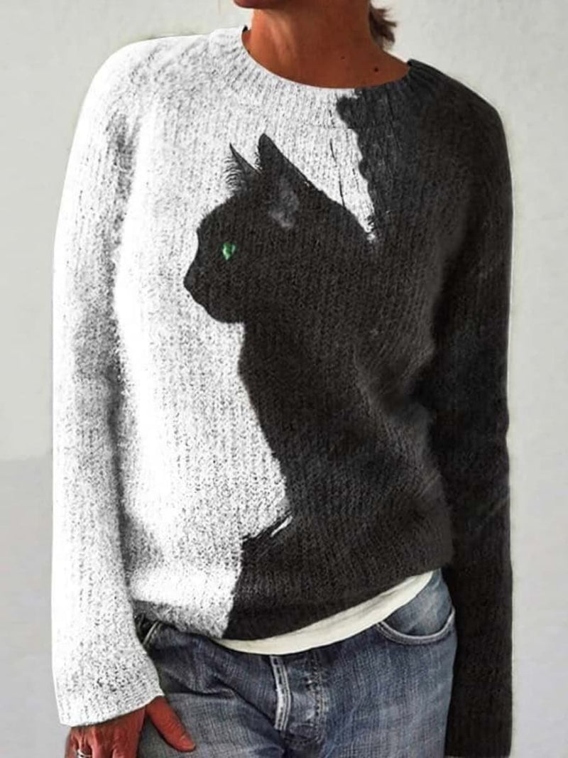 Women's Halloween Black White Color Block Black Cat Print Round Neck Long Sleeve Sweater