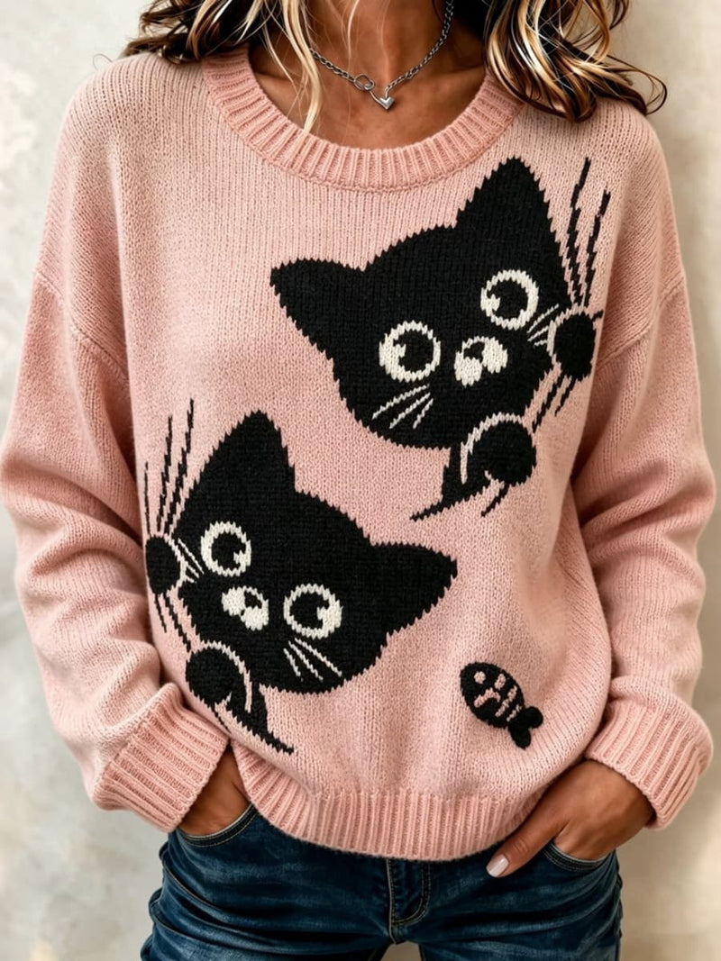 Women's Pink Black Cat Fish Bone Print Round Neck Long Sleeve Sweater