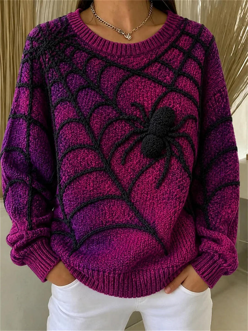 Women's Halloween Purple Gradient Spider Web Print Round Neck Long Sleeve Sweater