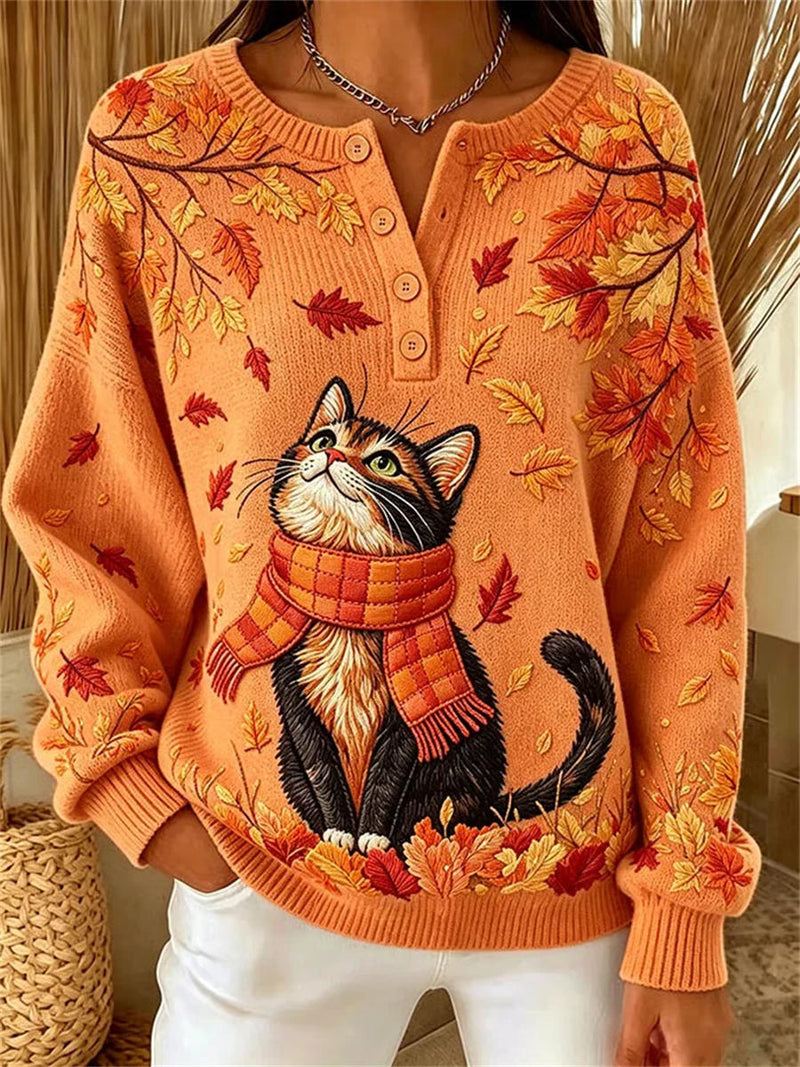 Women's Orange Scarf Cat Maple Leaf Print Henley Neck Long Sleeve Sweater