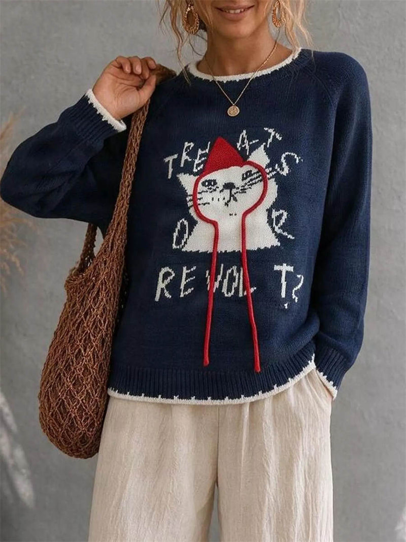 Women's Navy Cat Letter Print Round Neck Long Sleeve Sweater