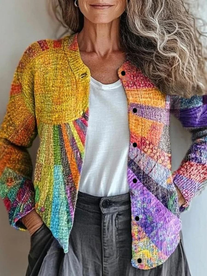 Women's Multi Patchwork Sun Print Button Open Front Long Sleeve Cardigan