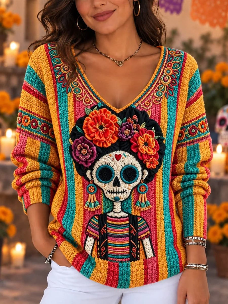 Women's Halloween Colorful Striped Skull Floral Print V Neck Long Sleeve Sweater