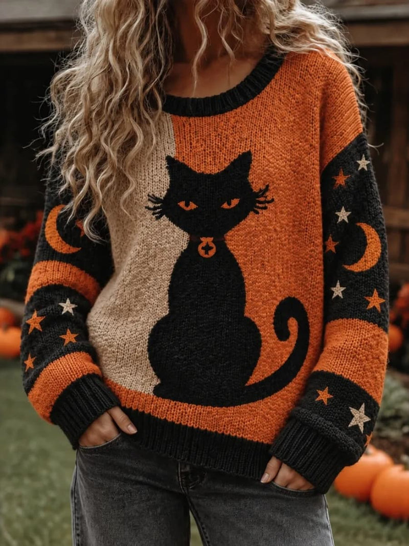 Women's Halloween Color Block Black Cat Moon Star Print Round Neck Long Sleeve Sweater