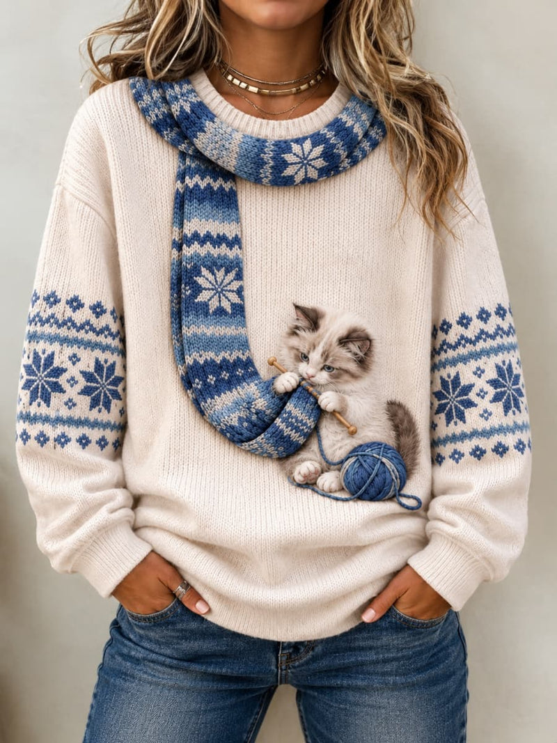 Women's Cream Blue Cat Snowflake Scarf Yarn Print Round Neck Long Sleeve Sweater