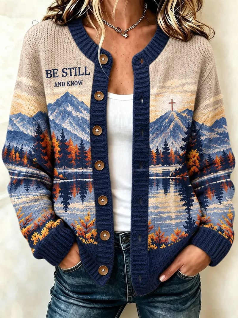 Women's Multi Mountain Lake Forest Print Button Open Front Long Sleeve Cardigan