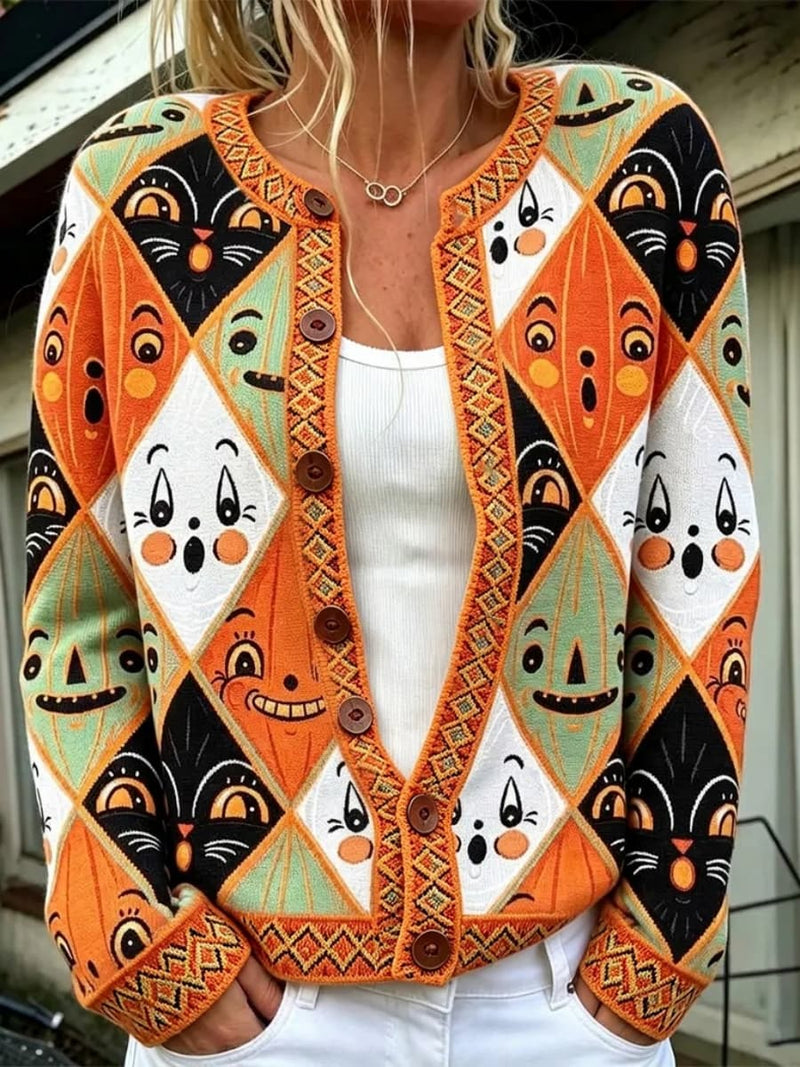 Women's Halloween Multi Diamond Grid Smiley Cat Print Round Neck Long Sleeve Cardigan