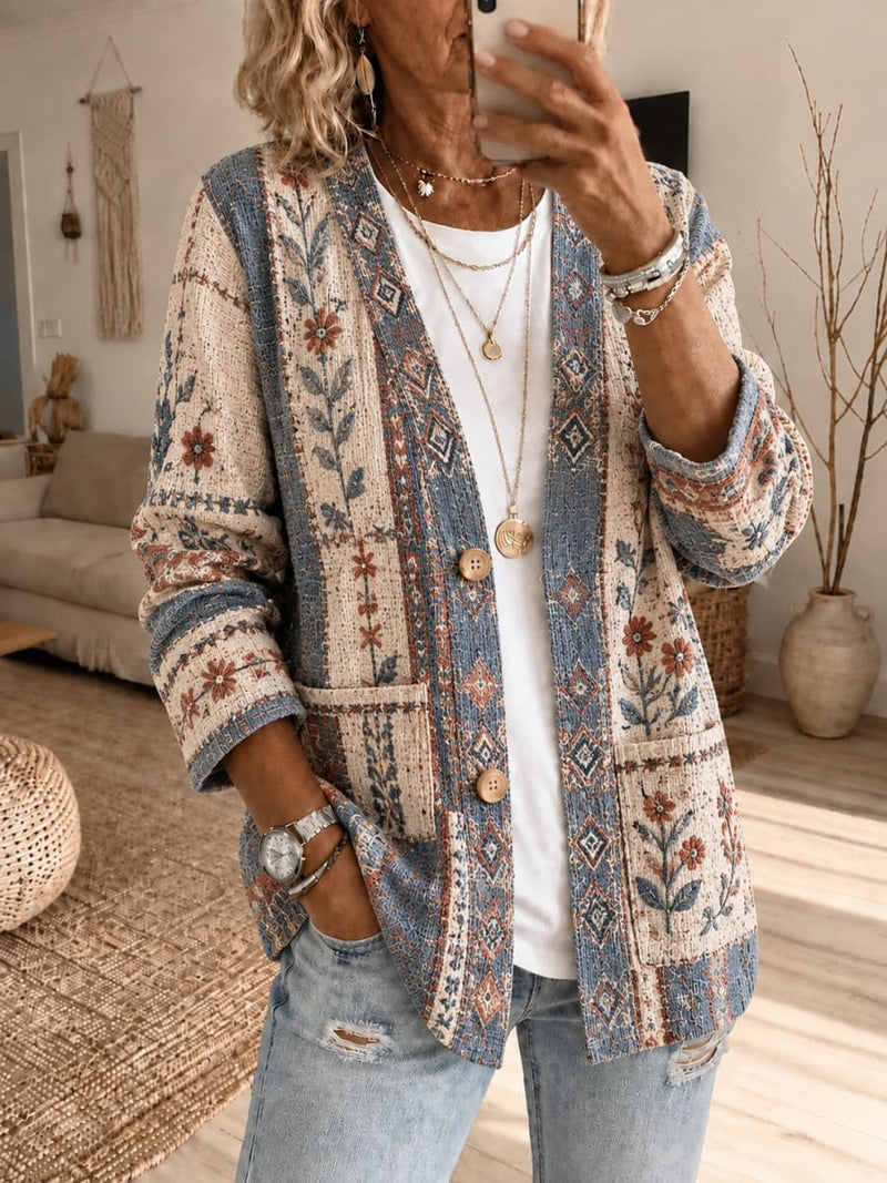 Women's Multi Color Ethnic Floral Geometric Print V Neck Long Sleeve Cardigan