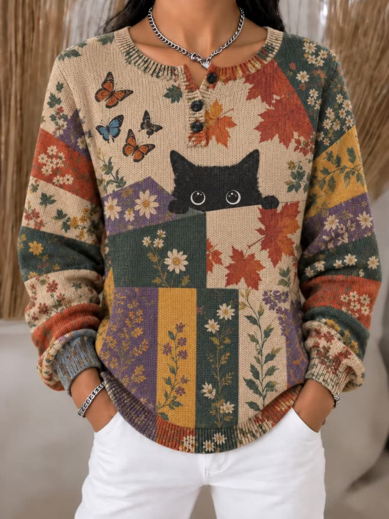 Women's Multi Patchwork Cat Butterfly Maple Leaf Floral Print Henley Neck Long Sleeve Sweater