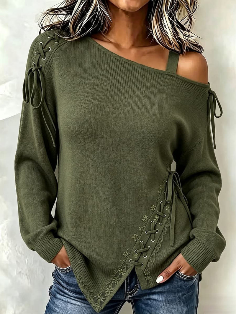 Women's Army Green Asymmetric Off Shoulder Lace Up Floral Lace Long Sleeve Sweater