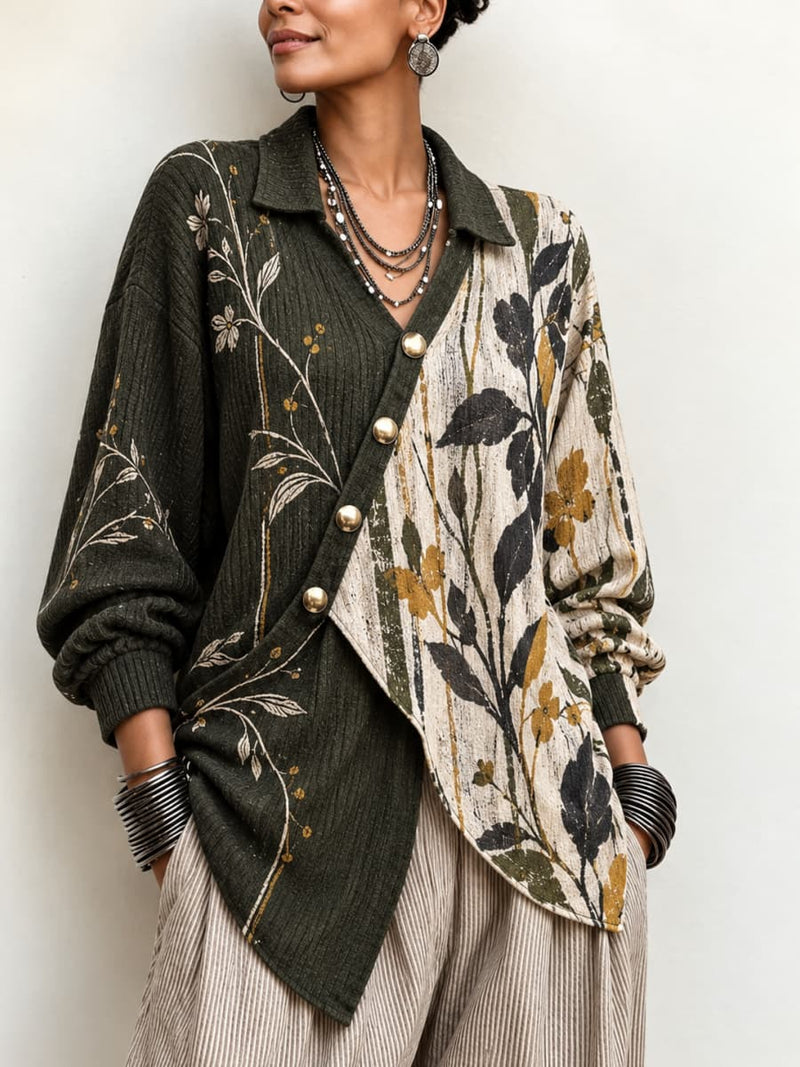 Women's Green Beige Floral Print Lapel Diagonal Button Long Sleeve Sweater