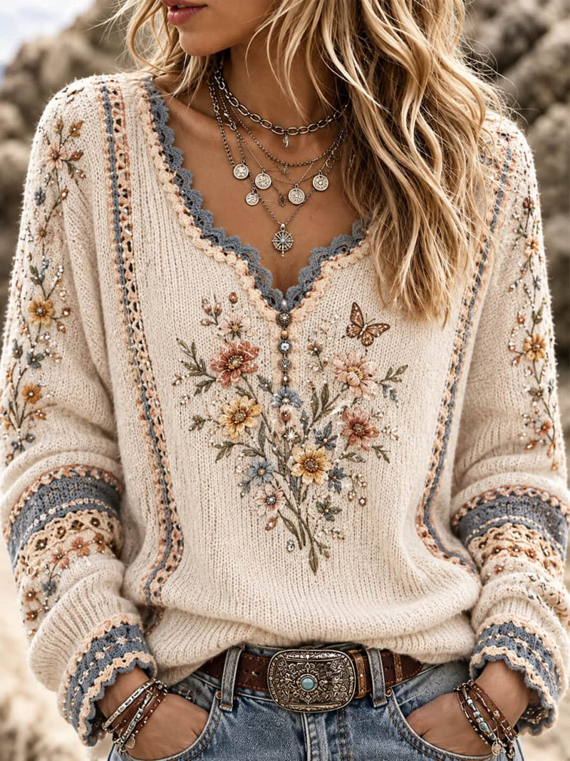 Women's Cream Floral Butterfly Print Lace Wavy V Neck Long Sleeve Sweater