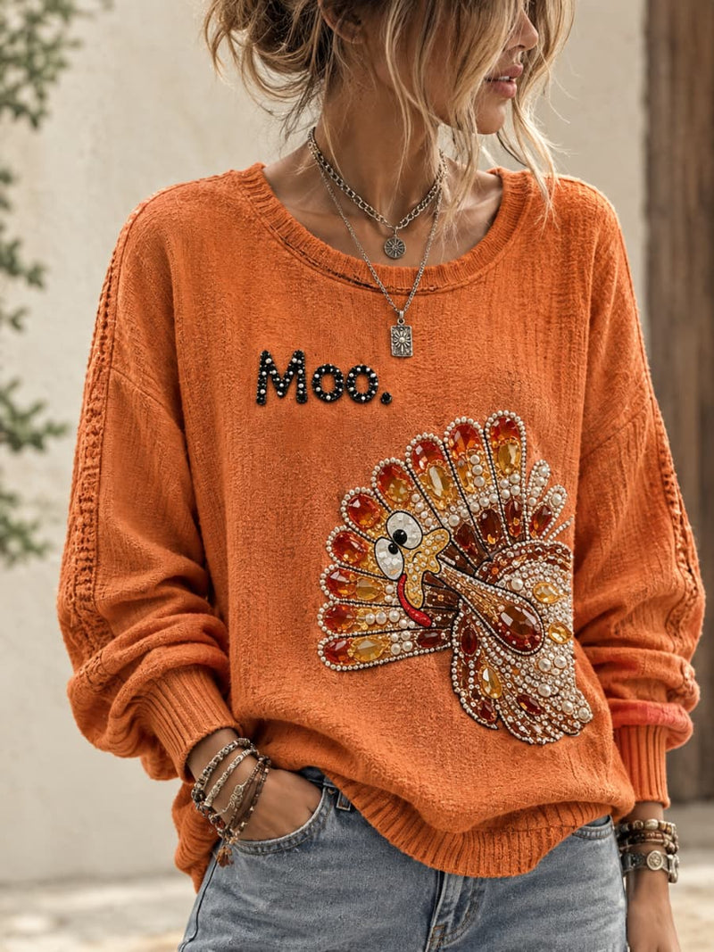 Women's Thanksgiving Orange Turkey Moo Letter Print Round Neck Long Sleeve Sweater
