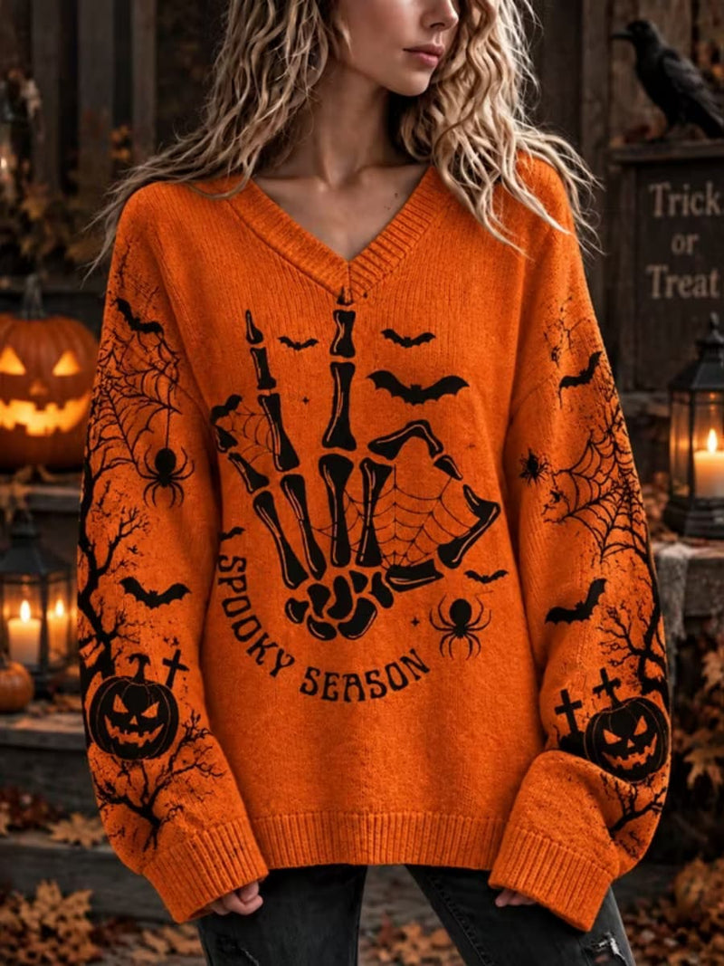 Women's Halloween Orange Skeleton Hand Pumpkin Spider Web Print V Neck Long Sleeve Sweater
