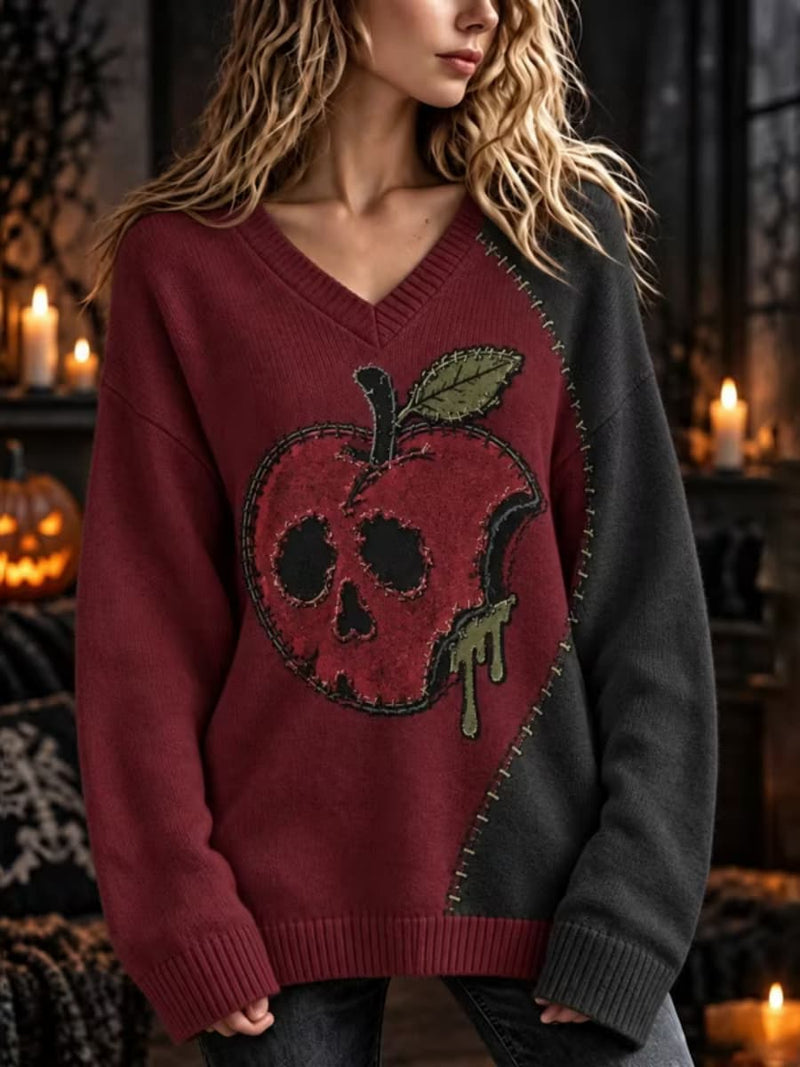 Women's Halloween Wine Red Color Block Poison Apple Skull Print V Neck Long Sleeve Sweater