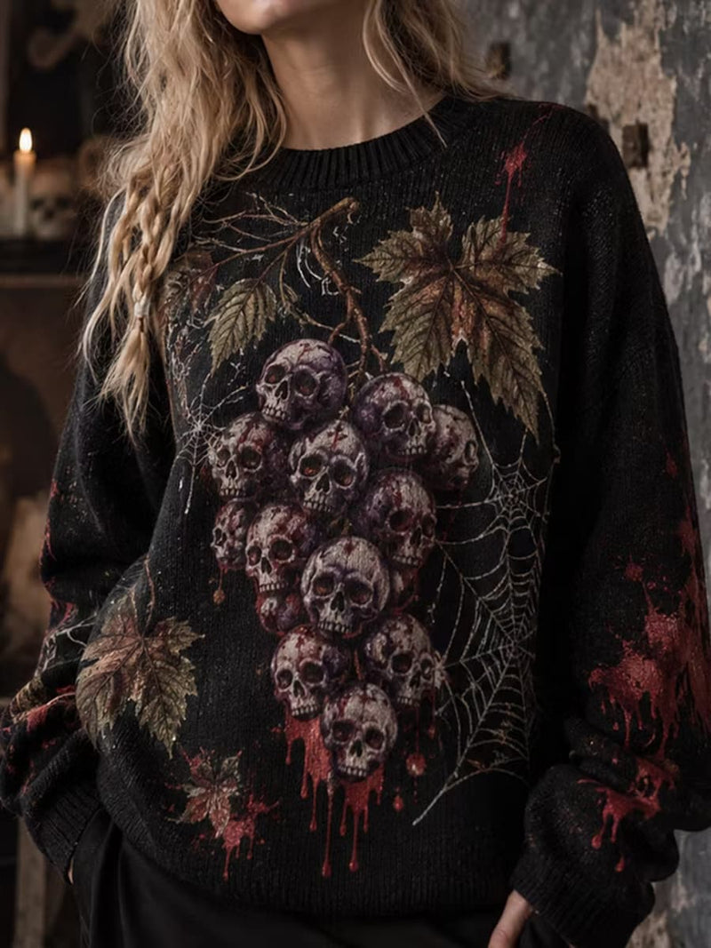 Women's Halloween Black Grape Skull Spider Web Print Round Neck Long Sleeve Sweater