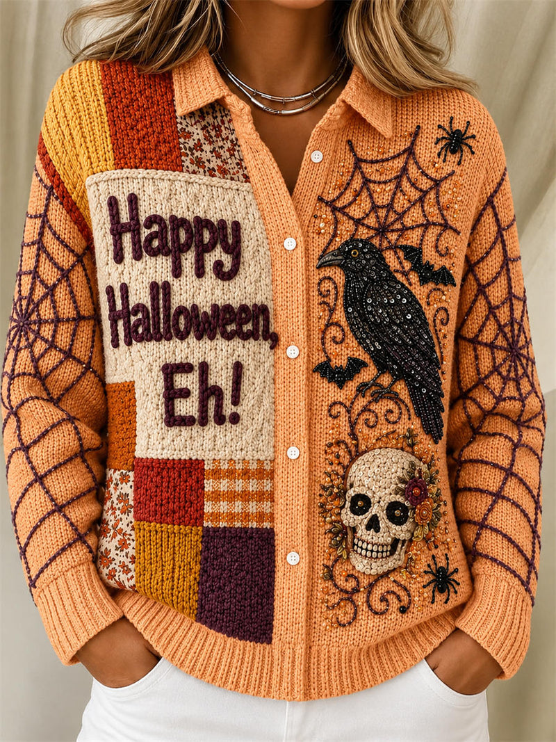 Women's Halloween Orange Skull Crow Spider Web Letter Print Lapel Long Sleeve Sweater
