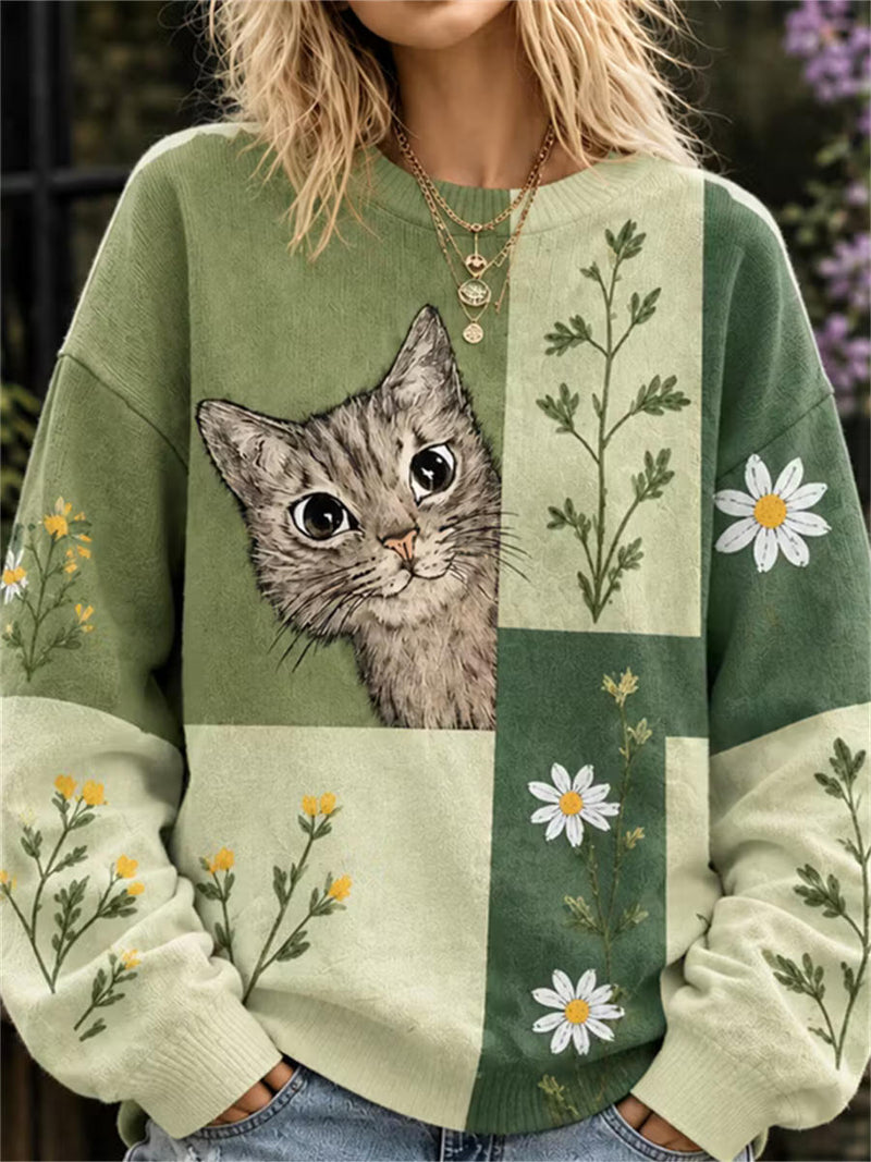 Women's Green Color Block Cat Daisy Print Round Neck Long Sleeve Sweater