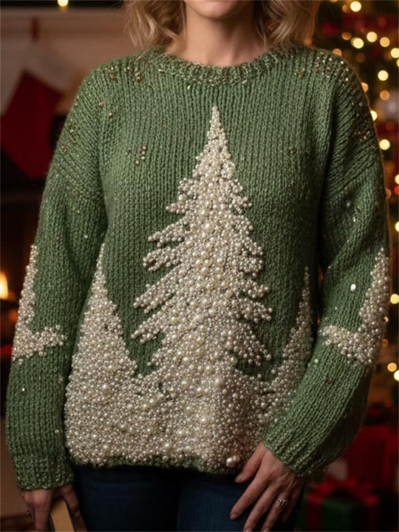 Women's Christmas Green Pearl Christmas Tree Print Round Neck Long Sleeve Sweater
