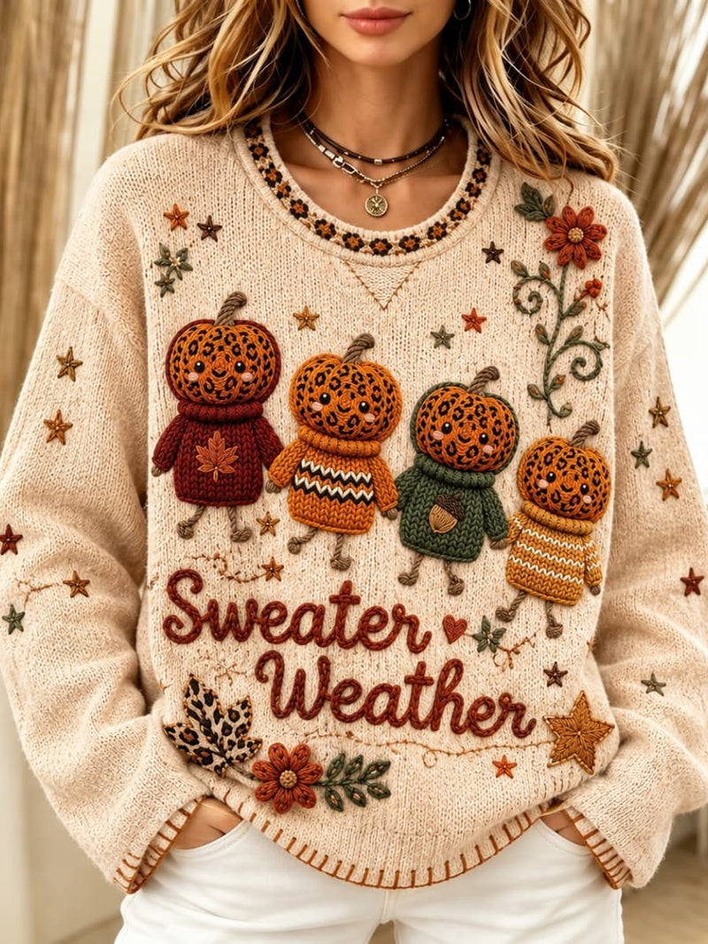 Women's Halloween Beige Pumpkin Doll Floral Letter Print Round Neck Long Sleeve Sweater