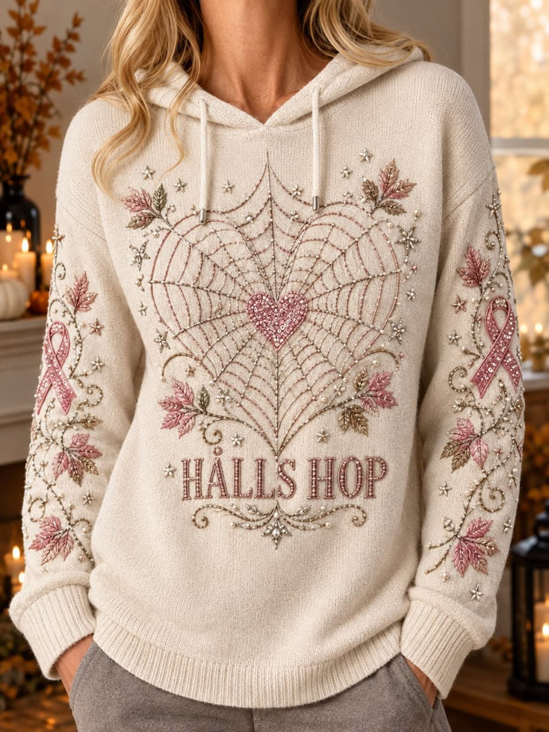 Women's Halloween Cream Heart Spider Web Leaf Letter Print Hooded Long Sleeve Sweater