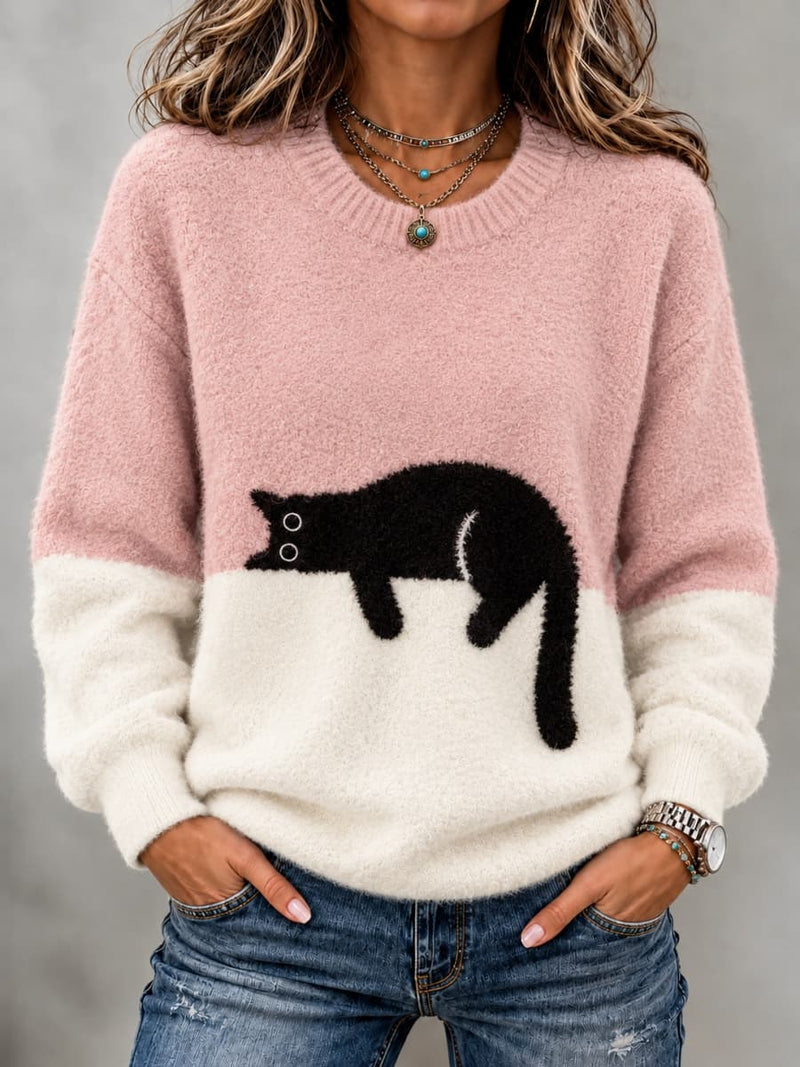 Women's Pink White Color Block Black Cat Print Round Neck Long Sleeve Sweater