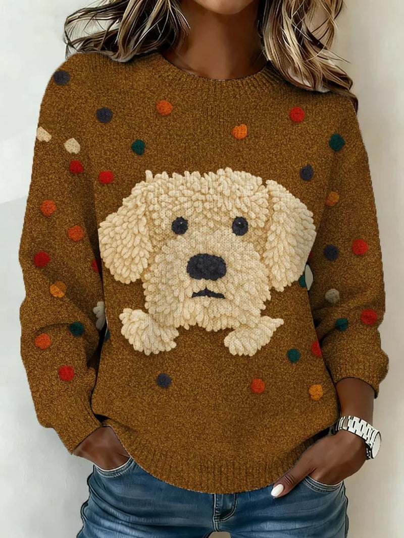 Women's Brown Colorful Polka Dot Dog Print Round Neck Long Sleeve Sweater