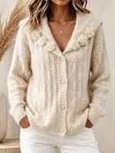 Women's Beige Floral Lapel Button Long Sleeve Cardigan