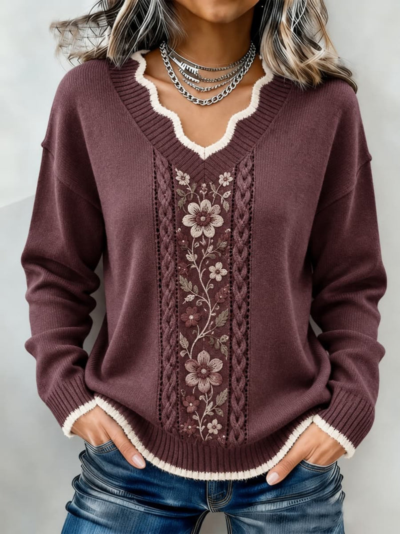 Women's Wine Red Floral Print Scallop V Neck Long Sleeve Sweater
