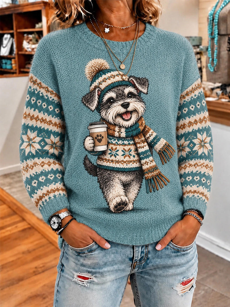 Women's Teal Schnauzer Dog Snowflake Print Round Neck Long Sleeve Sweater