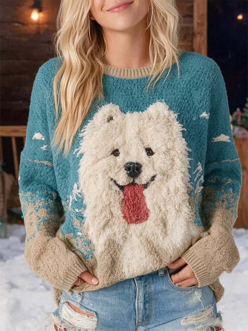 Women's Teal Khaki Color Block Samoyed Dog Print Round Neck Long Sleeve Sweater