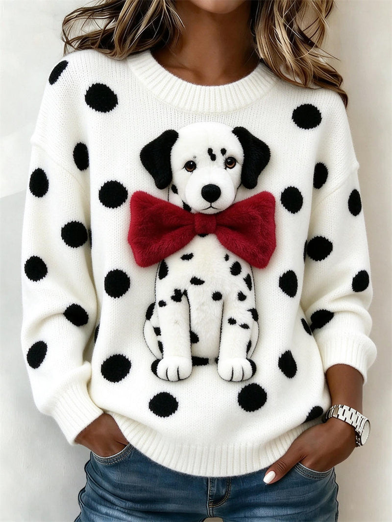 Women's White Polka Dot Dalmatian Dog Red Bow Print Round Neck Long Sleeve Sweater