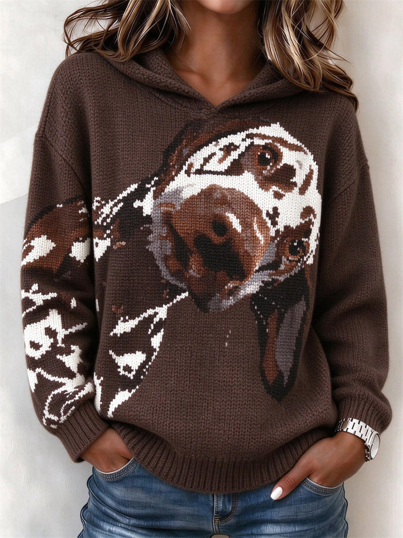 Women's Brown Cute Dog Print Hooded Long Sleeve Sweater