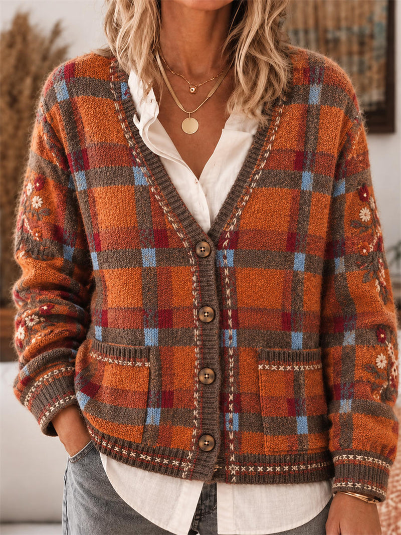 Women's Orange Plaid Floral V Neck Long Sleeve Cardigan