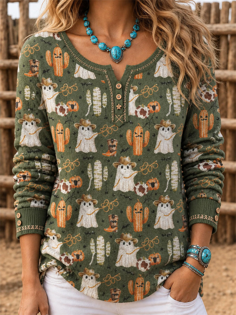 Women's Halloween Green Western Ghost Cactus Print Henley Long Sleeve Sweater