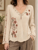 Women's Beige Floral Print Lace V Neck Long Sleeve Sweater