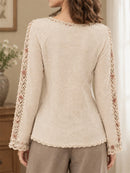 Women's Beige Floral Print Lace V Neck Long Sleeve Sweater