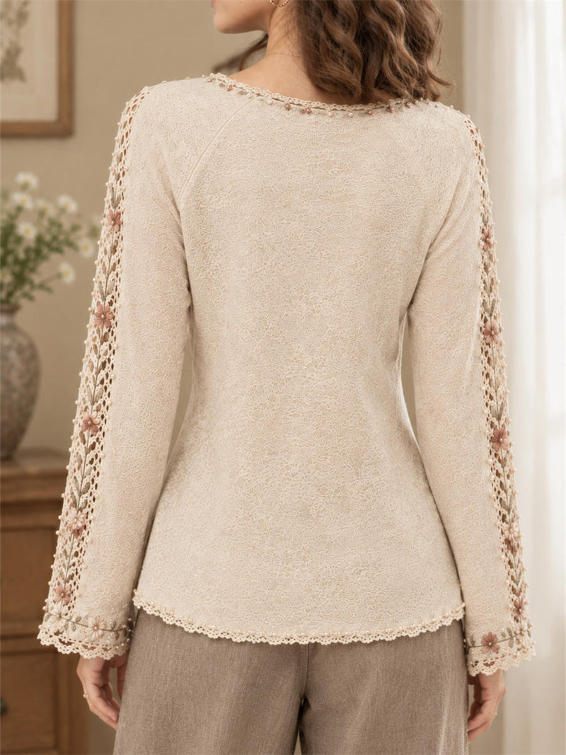 Women's Beige Floral Print Lace V Neck Long Sleeve Sweater