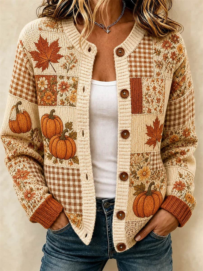Women's Halloween Apricot Pumpkin Maple Leaf Plaid Floral Print Long Sleeve Cardigan