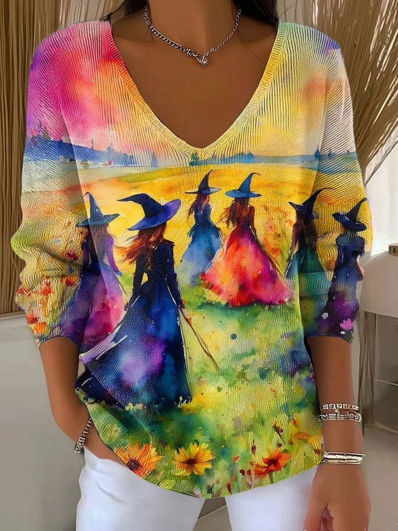 Women's Halloween Multicolor Witch Landscape Print V neck Long Sleeve Sweater