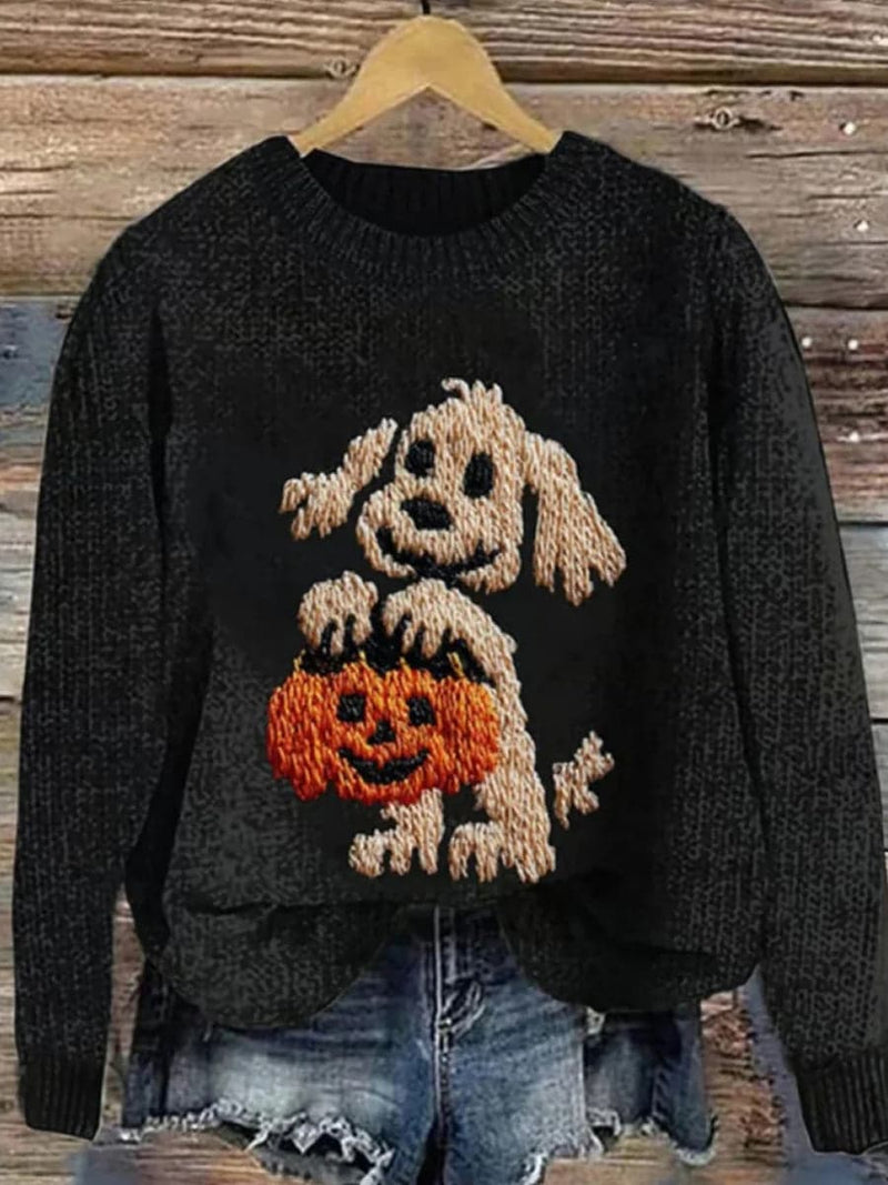 Women's Halloween Black Cute Dog Pumpkin Print Round Neck Long Sleeve Sweater