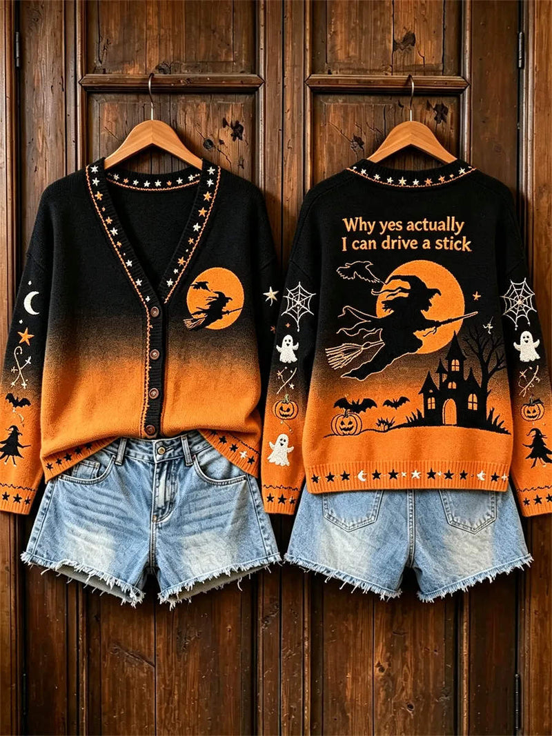 Women's Halloween Black Orange Gradient Witch Pumpkin Ghost Print V Neck Long Sleeve Cardigan