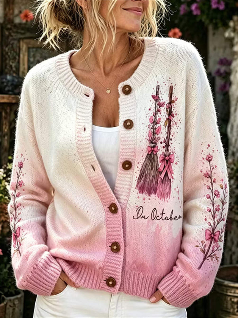 Women's Halloween White Pink Gradient Broom Floral Letter Print Round Neck Long Sleeve Cardigan