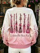 Women's Halloween White Pink Gradient Broom Floral Letter Print Round Neck Long Sleeve Cardigan