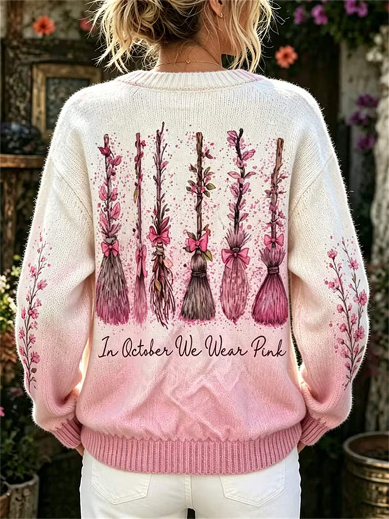 Women's Halloween White Pink Gradient Broom Floral Letter Print Round Neck Long Sleeve Cardigan