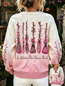 Women's Halloween White Pink Gradient Broom Floral Letter Print Round Neck Long Sleeve Cardigan
