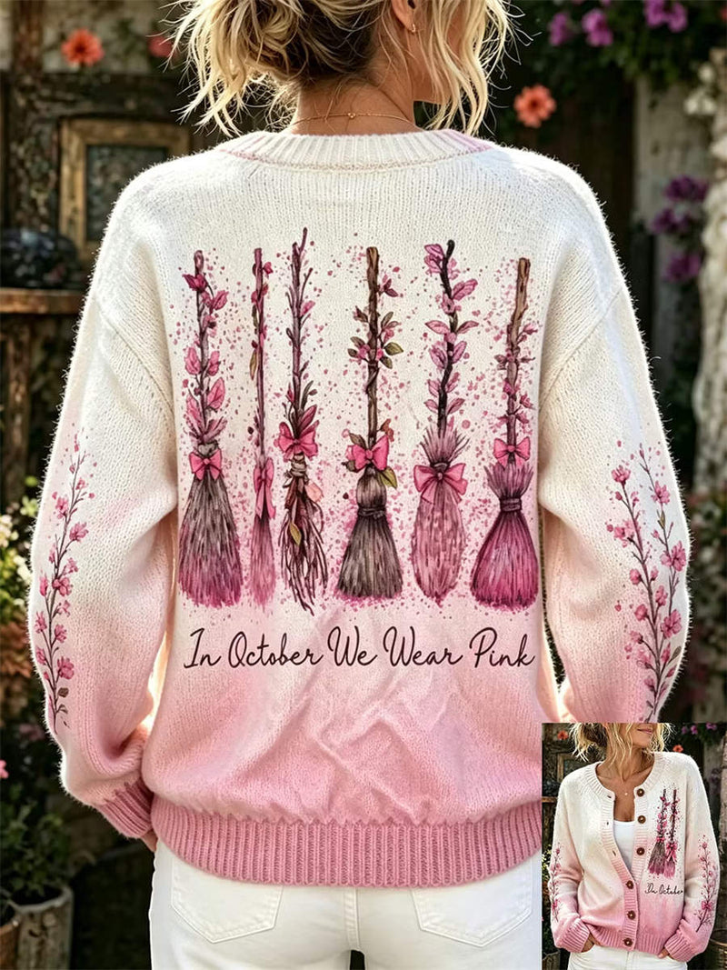 Women's Halloween White Pink Gradient Broom Floral Letter Print Round Neck Long Sleeve Cardigan
