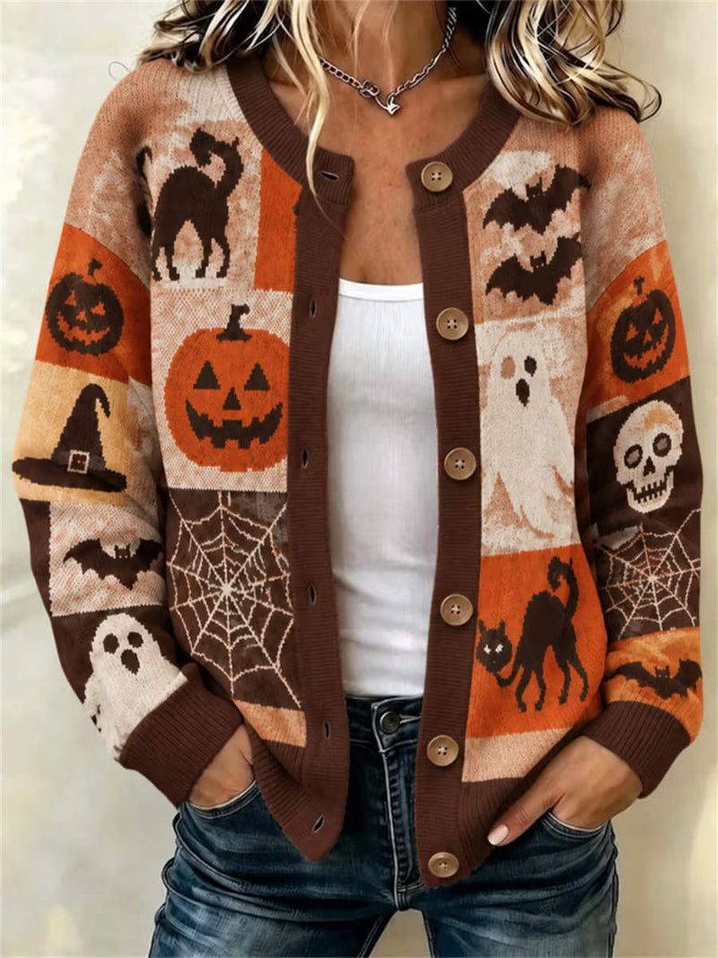 Women's Halloween Brown Pumpkin Cat Ghost Patchwork Print Round Neck Long Sleeve Cardigan