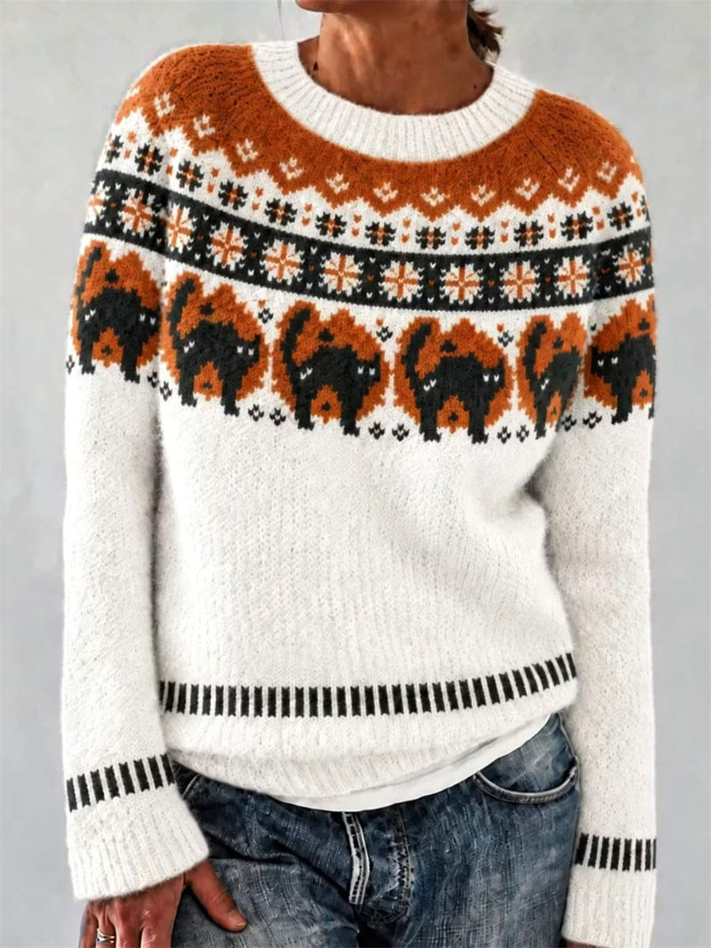 Women's Halloween White Black Cat Fair Isle Print Round Neck Long Sleeve Sweater
